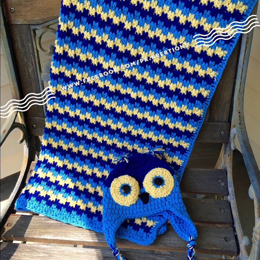 Handmade Crochet striped baby blanket & Owl Hat Set
